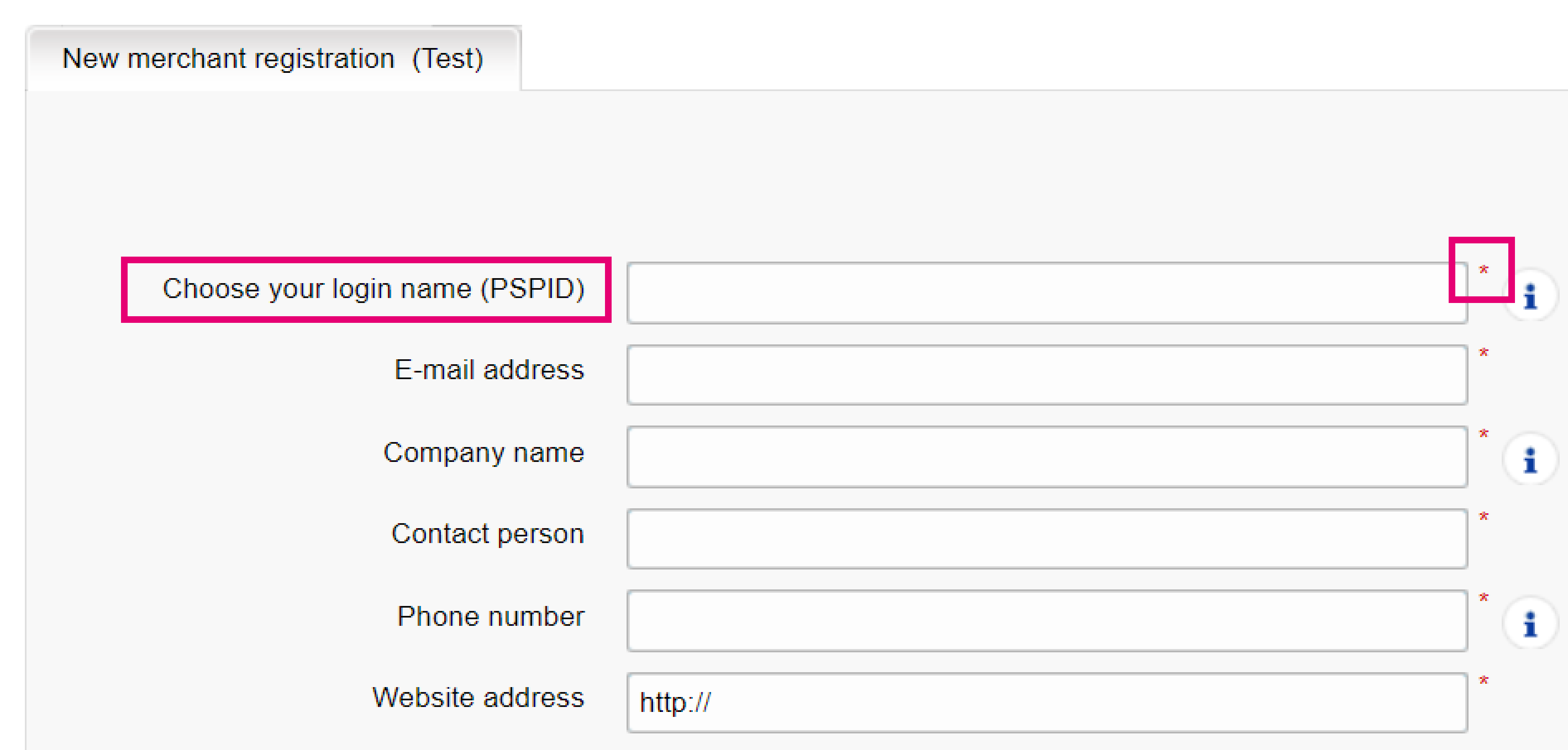 The image above shows the “Choose your login name (PSPID)” field and where to find the “*” (asterisk) marking mandatory fields.